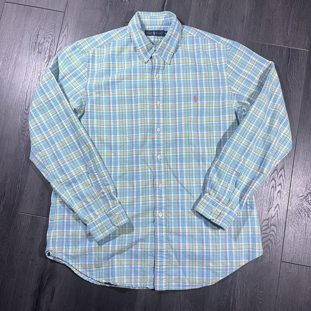 Polo Ralph Lauren Poplin Shirt Mens XL Green‎ Yellow Pink Pony Easter Preppy